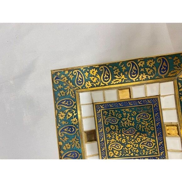 Vintage Decorative Tray Blue Green and Gold Asian Bohemian Style 5 X 5 In - Picture 8 of 8